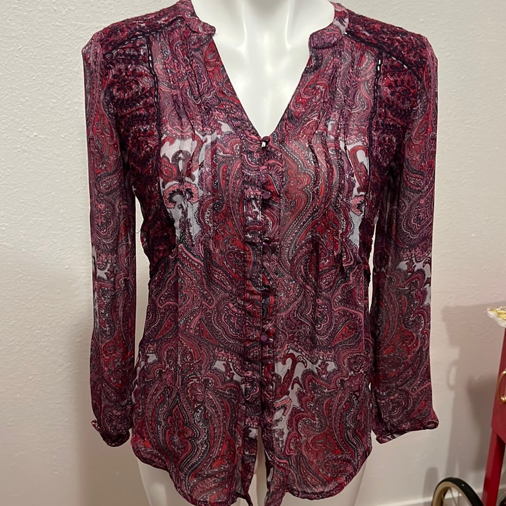 Lucky Brand Boho Georgette Blouse Multicolored Contrast Embroidered Sz S